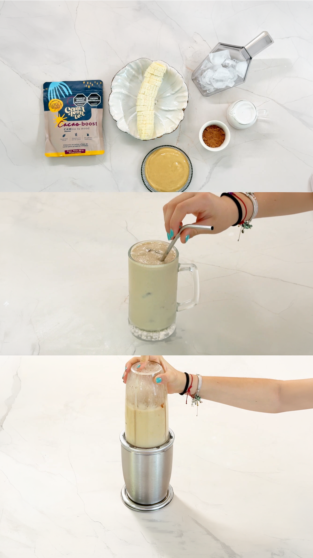 Smoothie cremoso de banano y cacao preparado con Cacao Boost y mantequilla de almendras.